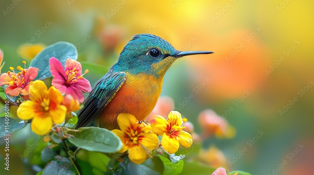 A colorful bird sitting on top of a flower A colorful bird sitting on top of a flower