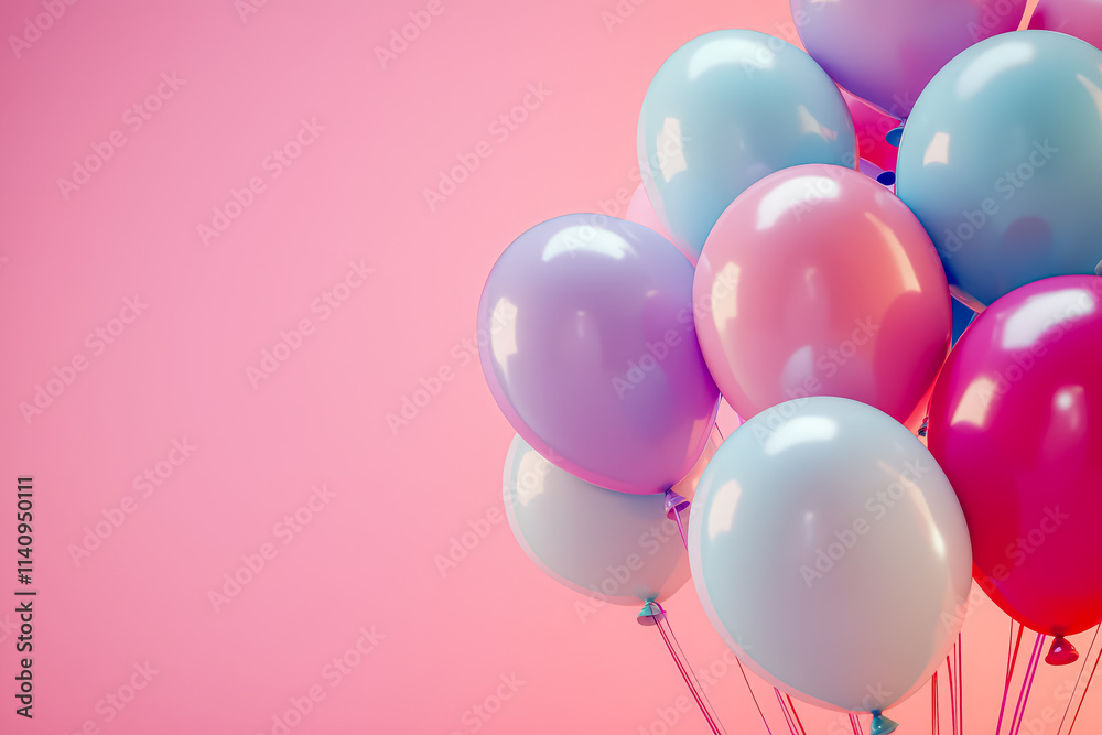 Bunch of balloons in various colors are floating in the air above a pink background. The balloons create a sense of joy and celebration, as they are often associated with parties Bunch of balloons in various colors are floating in the air above a pink background. The balloons create a sense of joy and celebration, as they are often associated with parties