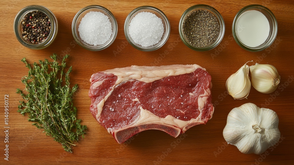 Raw Ribeye Steak with Seasonings and Herbs on Wooden Board Raw Ribeye Steak with Seasonings and Herbs on Wooden Board