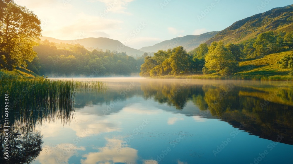 Misty Lake with Reflections and Lush Green Hills Misty Lake with Reflections and Lush Green Hills