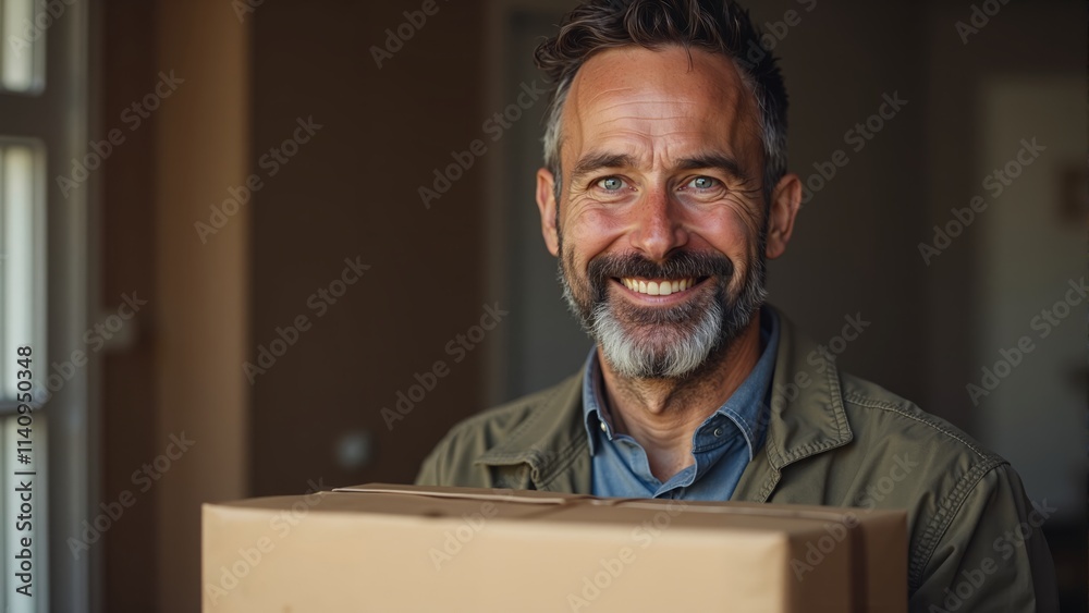Joyful delivery moment with a smiling man opening a package at home in the afternoon light Joyful delivery moment with a smiling man opening a package at home in the afternoon light