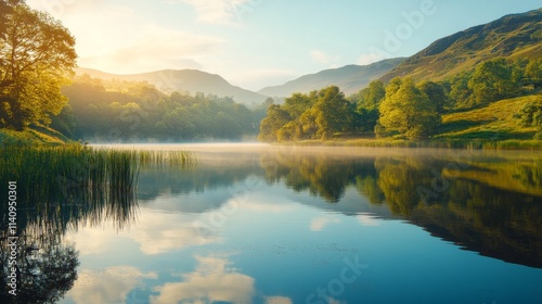 Misty Lake with Reflections and Lush Green Hills
