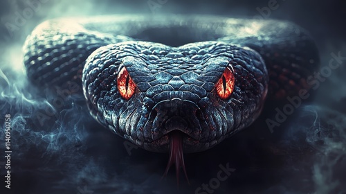 A close up of a snake with red eyes