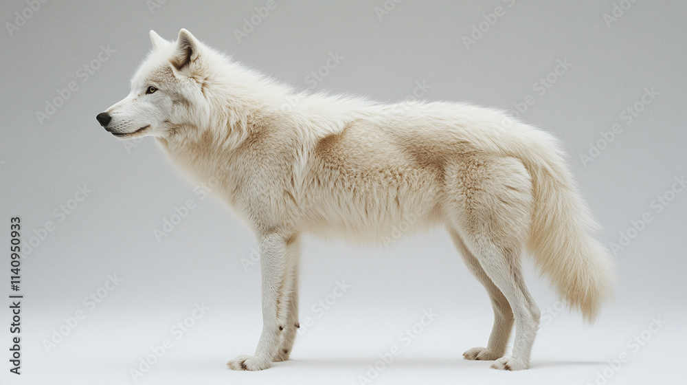 Obraz premium Isolated polar white arctic wolf standing in the snow, a beautiful beast predator with fur. this wild canine embodies nature untamed beauty in the cold tundra.