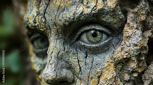 A close up of a tree trunk with a face painted on it photo