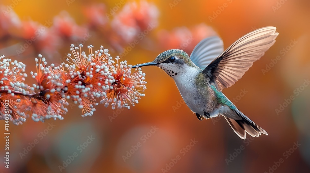 Fototapeta premium A hummingbird is flying near a flower