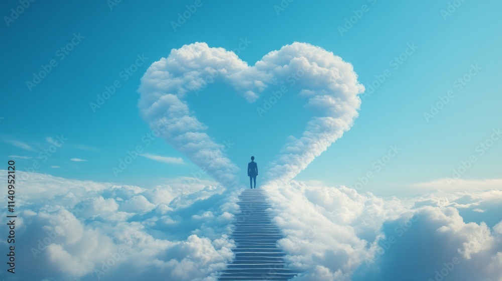 Fototapeta premium A solitary figure ascends a stairway towards a heart shaped cloud