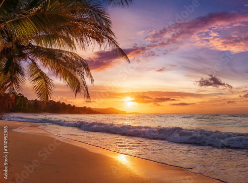 A tropical beach with vibrant sunset colors.