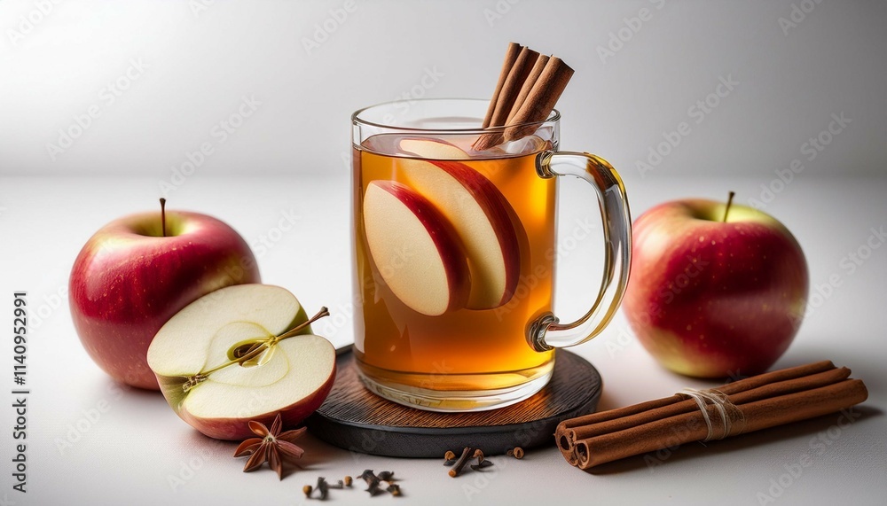 warm spiced apple cider in a rustic glass mug with cinnamon sticks and apple slices on a simple white background warm spiced apple cider in a rustic glass mug with cinnamon sticks and apple slices on a simple white background