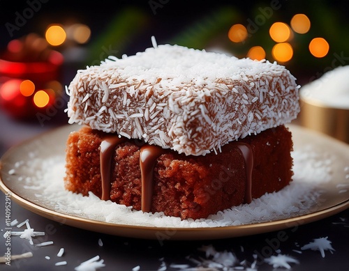 a tempting 3d rendering of a classic lamington a square sponge cake dipped in chocolate and covered in coconut flakes photo