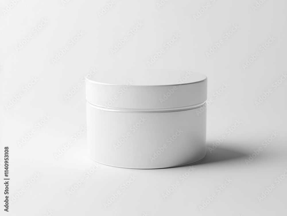 Minimalist round white container on a light background showcasing modern packaging design Minimalist round white container on a light background showcasing modern packaging design