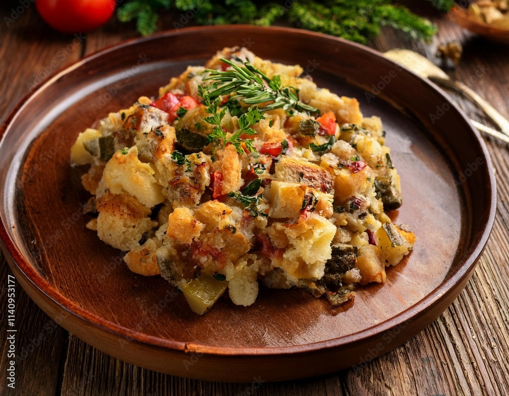 savory bread stuffing with herbs and vegetables arranged on a rustic platter for a comforting meal experience savory bread stuffing with herbs and vegetables arranged on a rustic platter for a comforting meal experience