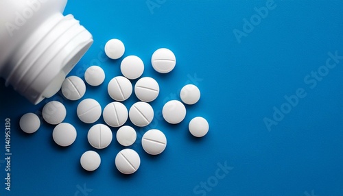 macro top view of white diazepam pills and tablets pouring from a medication bottle with space for text