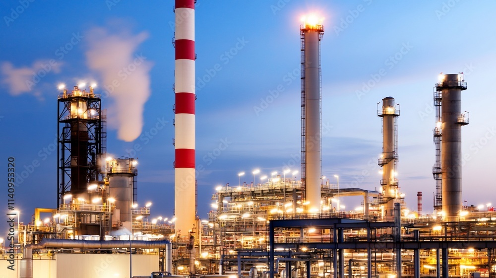 Industrial complex with smokestacks and illuminated structures at dusk. Industrial complex with smokestacks and illuminated structures at dusk.