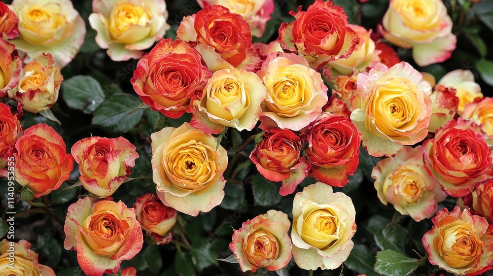 A bunch of yellow and red roses with green leaves A bunch of yellow and red roses with green leaves