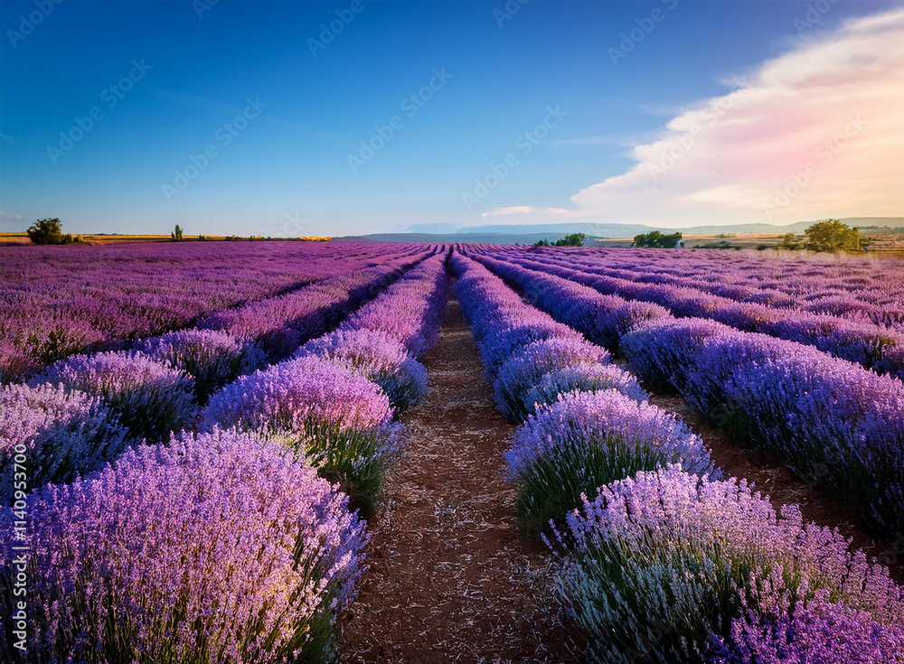 Fototapeta premium A lavender field in full bloom under a bright blue sky.