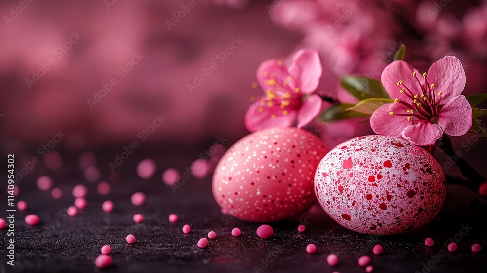 two pink easter eggs with pink flowers on a black surface two pink easter eggs with pink flowers on a black surface