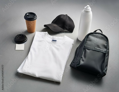 blank white promotional merchandise mockup including a tote bag t shirt cap water bottle pencil business card box and coffee cup