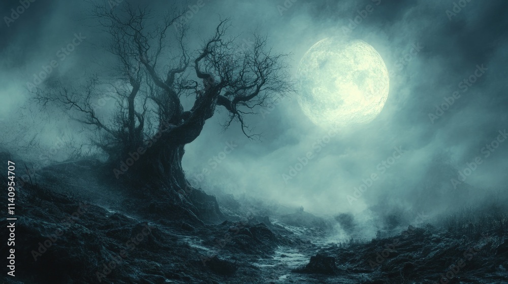 Fototapeta premium Eerie landscape, barren tree, full moon, foggy night.