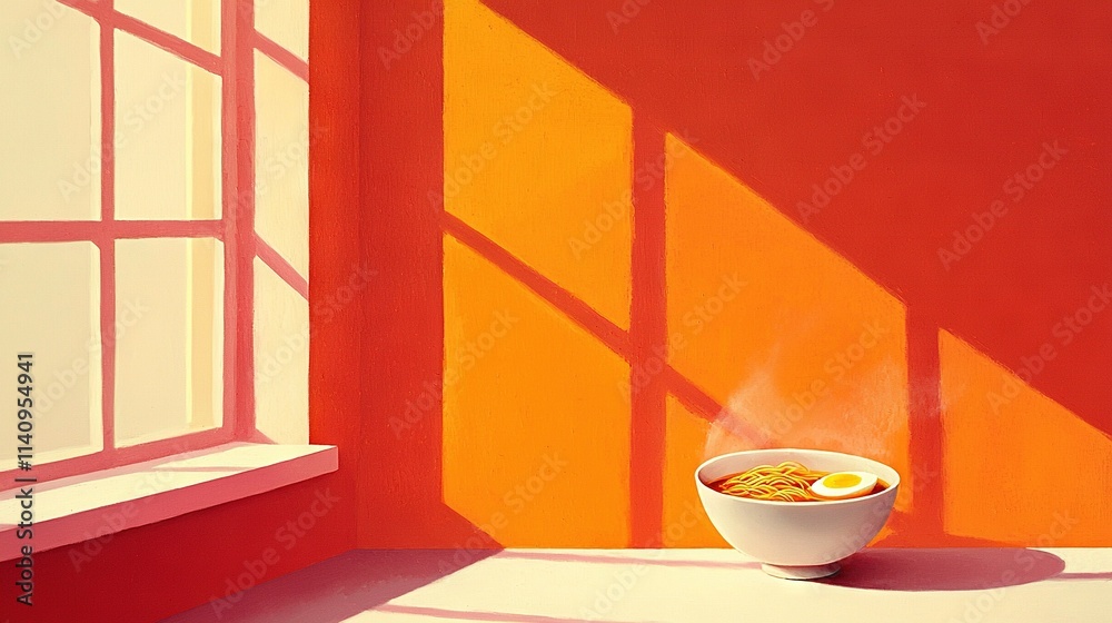 A bowl of soup sits on a table near a window, with sunlight streaming through the panes A bowl of soup sits on a table near a window, with sunlight streaming through the panes