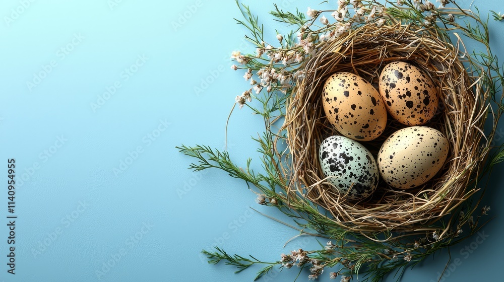 A nest with three quail eggs and flowers on a blue background A nest with three quail eggs and flowers on a blue background