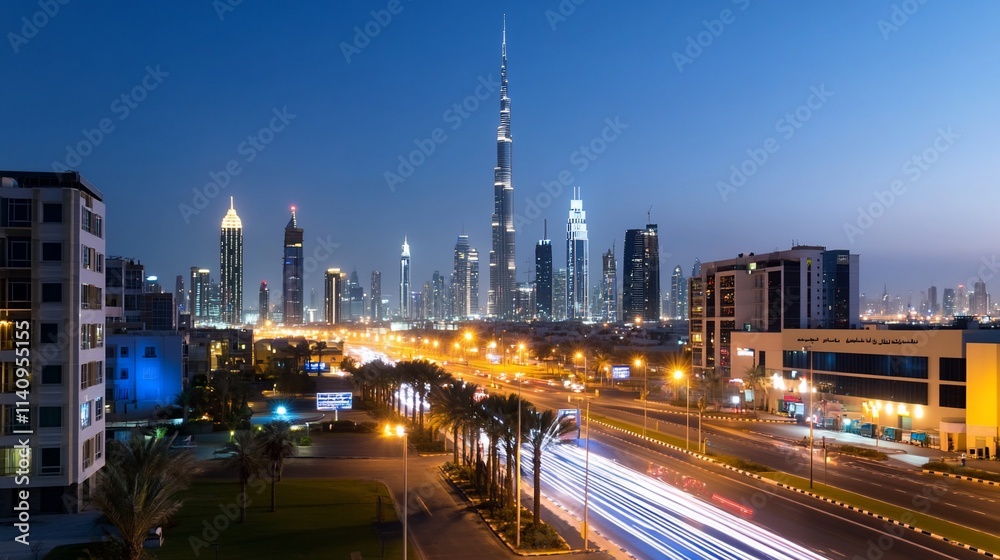 Night skyline of a modern city with illuminated skyscrapers and traffic. Night skyline of a modern city with illuminated skyscrapers and traffic.