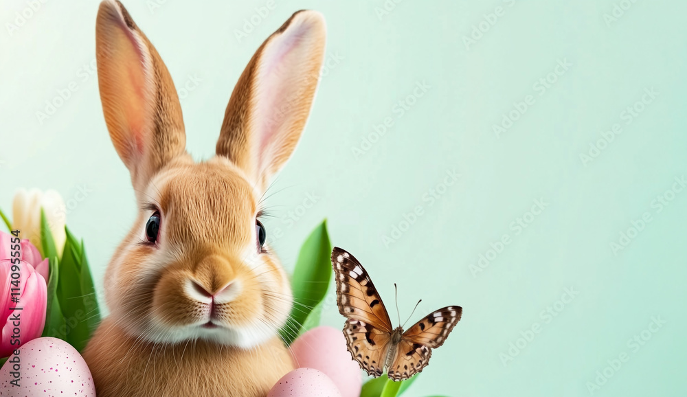 Fototapeta premium Adorable Easter Bunny with Scattered Eggs