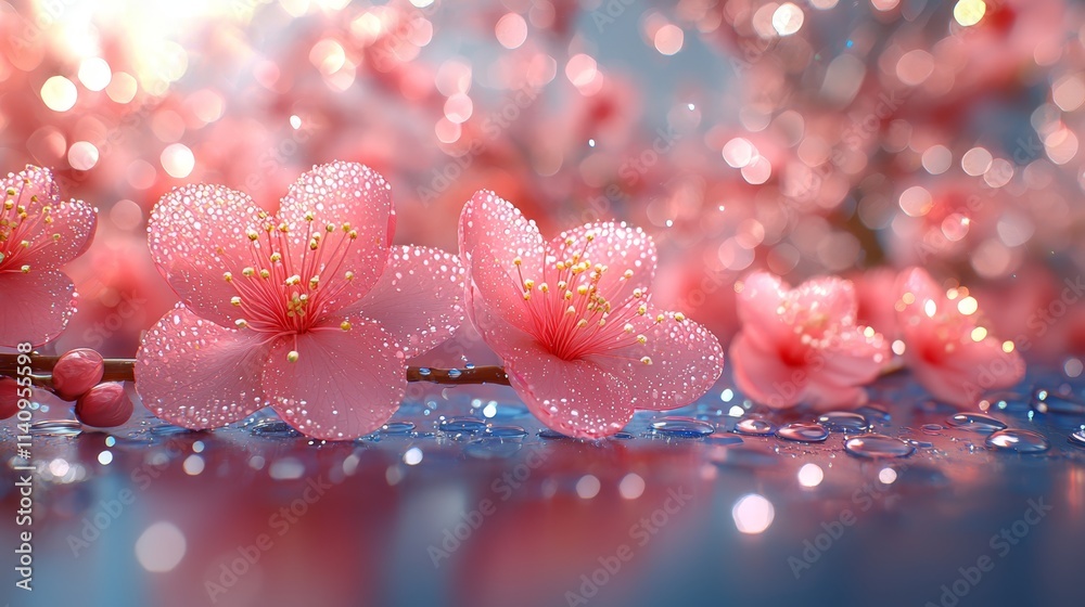 A bunch of pink flowers with water droplets on them A bunch of pink flowers with water droplets on them