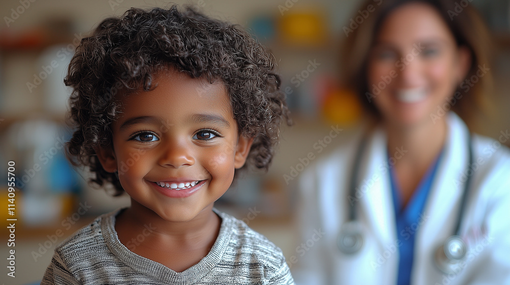 Close-up portraits of happy, smiling children with doctors