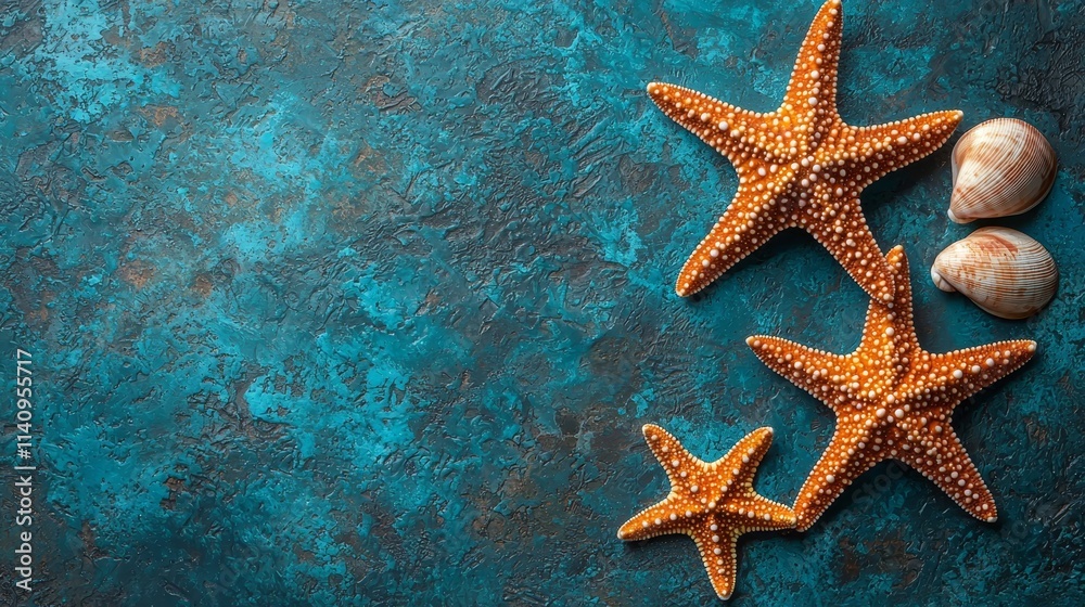 Three starfish and shells on a blue background Three starfish and shells on a blue background