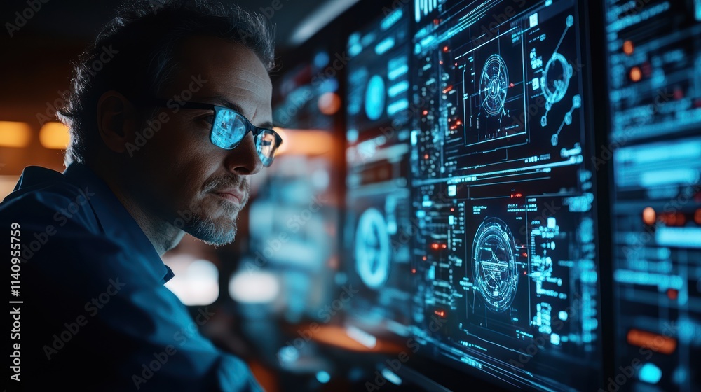 Focused developer intently examines a multi-monitor display filled with complex data visualizations in a modern, high-tech office. Focused developer intently examines a multi-monitor display filled with complex data visualizations in a modern, high-tech office.