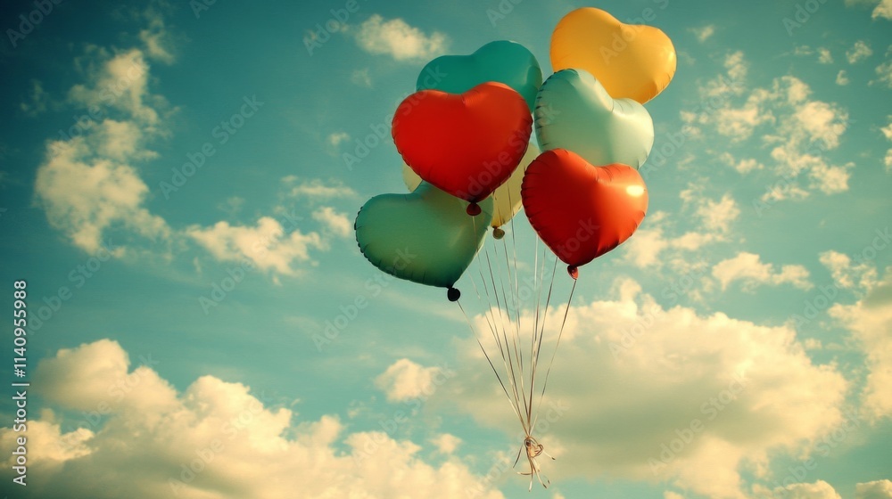 Fototapeta premium Heart Shaped Balloons Float In A Cloudy Sky