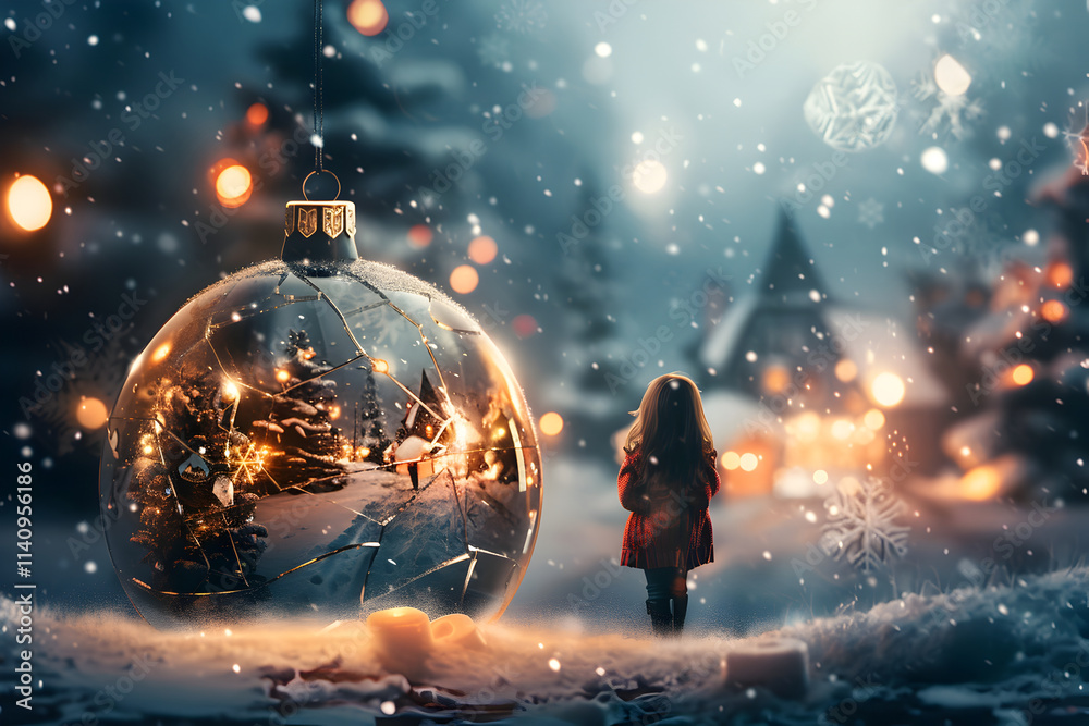 Fototapeta premium A Little Girl Staring at a Shattered Snow Globe Featuring a Lit-Up Christmas Tree in a Winter Village