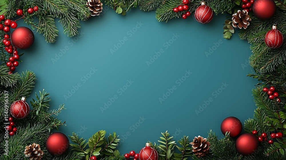A border of evergreen branches with red ornaments and pine cones A border of evergreen branches with red ornaments and pine cones