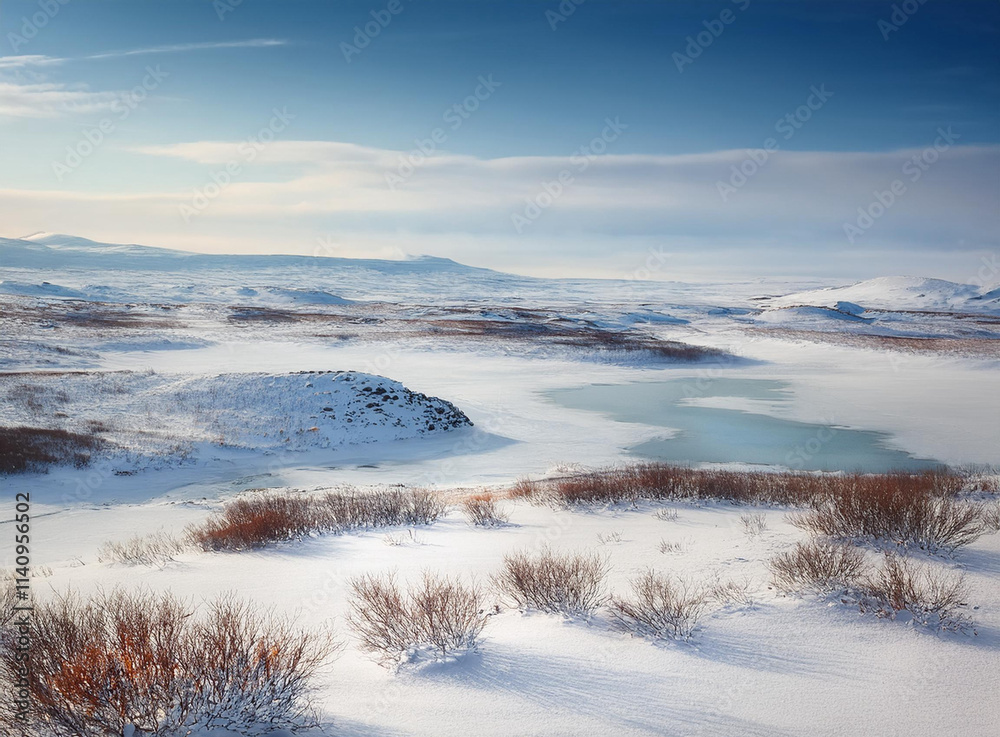 A frozen tundra landscape blanketed in snow. A frozen tundra landscape blanketed in snow.