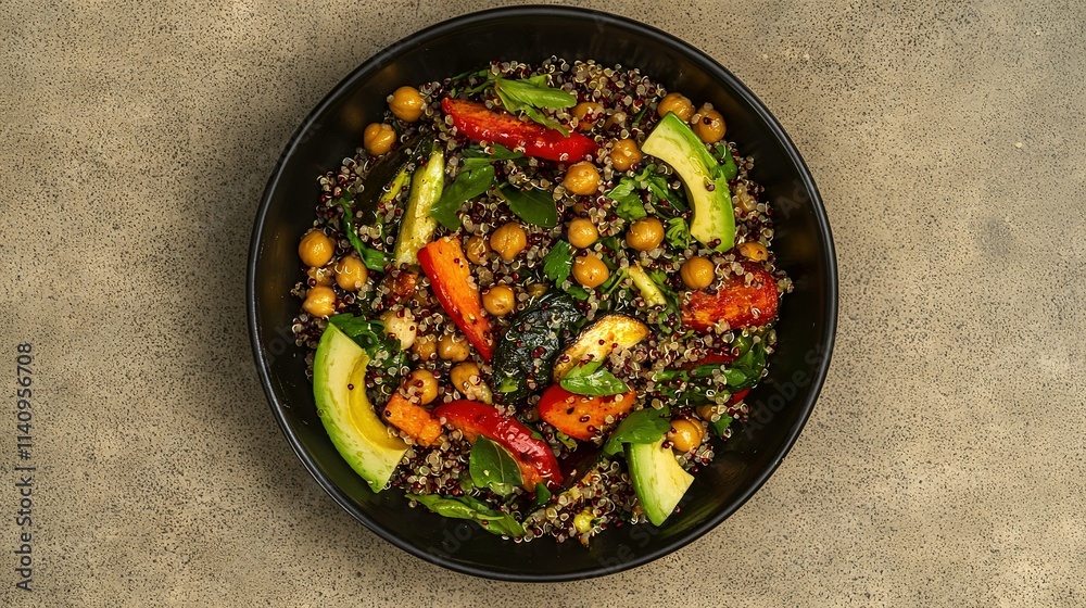 A detailed view of a platter filled with broccoli, carrots, avocado, and chickpeas A detailed view of a platter filled with broccoli, carrots, avocado, and chickpeas