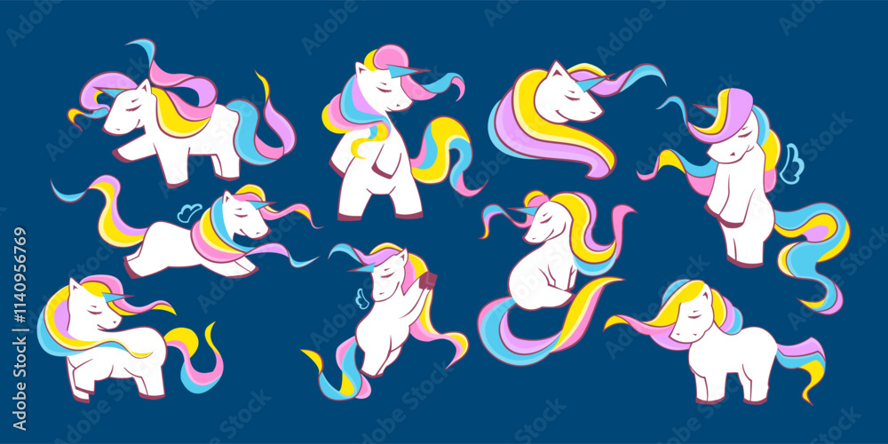 Fototapeta premium Vector illustration of cute unicorns Set of different cute funny unicorn