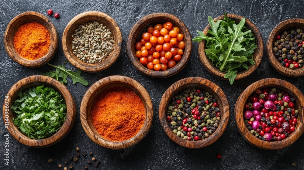 A variety of spices in wooden bowls on a table A variety of spices in wooden bowls on a table