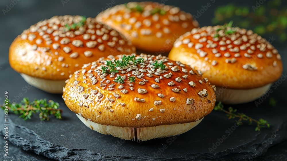 A group of mushrooms sitting on top of a black plate A group of mushrooms sitting on top of a black plate