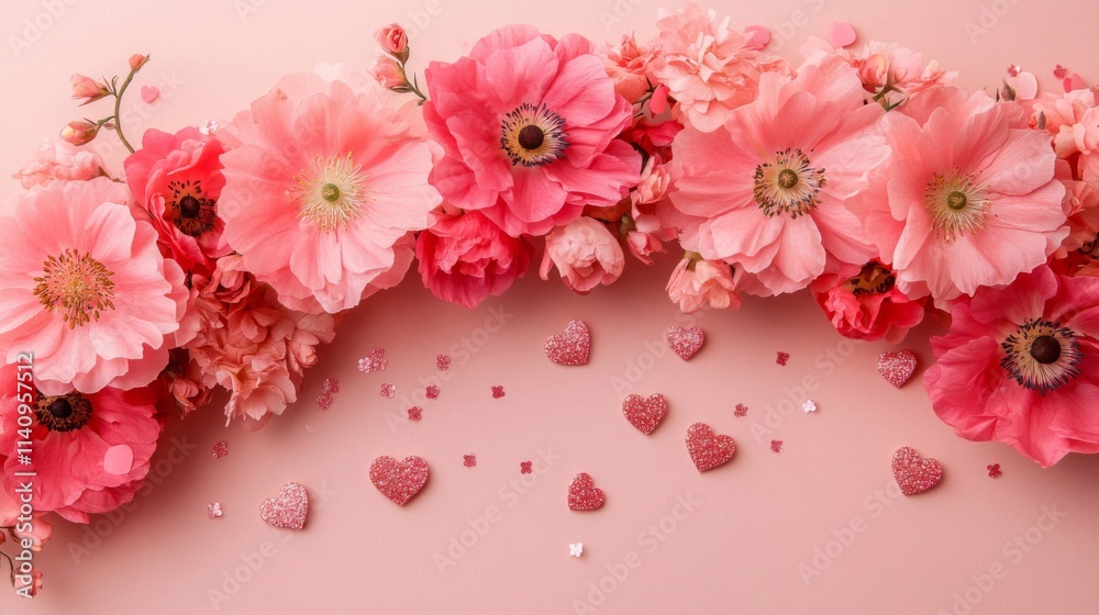 Fototapeta premium Pink Flowers and Glitter Hearts Festive Arrangement