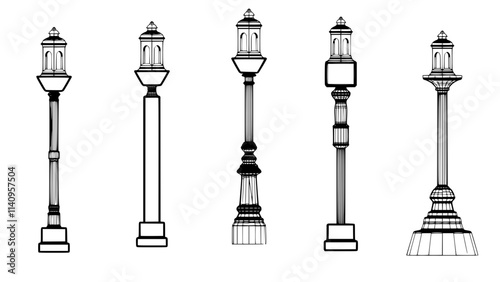 a close up of a group of street lights on a white background, Poles, lampposts, Street lamps, street lamps, street lanterns, street lighting, Street lighting, Street lighting, large beautiful street