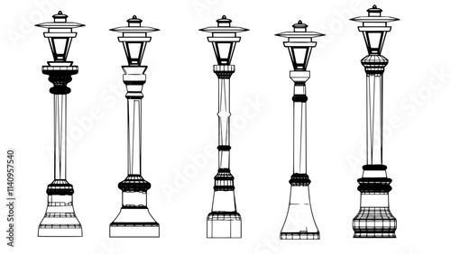 a close up of a group of street lights on a white background, Poles, lampposts, Street lamps, street lamps, street lanterns, street lighting, Street lighting, Street lighting, large beautiful street