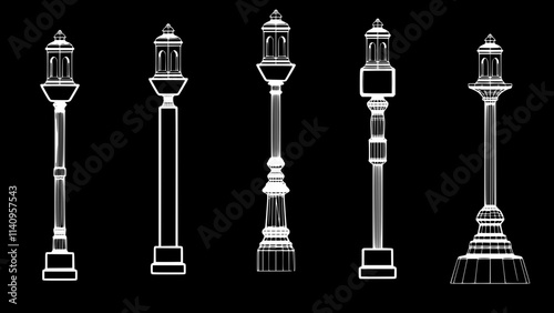 a close up of a group of street lights on a white background, Poles, lampposts, Street lamps, street lamps, street lanterns, street lighting, Street lighting, Street lighting, large beautiful street