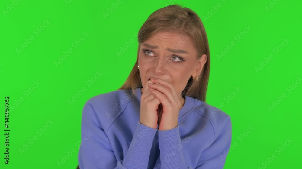 Scared Woman Worried on Green Background Scared Woman Worried on Green Background