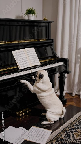 Pug plays piano in cozy living room with sheet music and plants