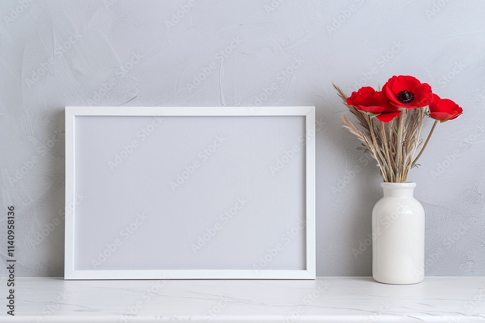Square Frame with Red Poppies and Dried Grass on Gray Background, Minimalist Interior Decor, Floral Still Life in White Vase, Large Copy Space, Horizontal Format.
Square Frame with Red Poppies and Dried Grass on Gray Background, Minimalist Interior Decor, Floral Still Life in White Vase, Large Copy Space, Horizontal Format.