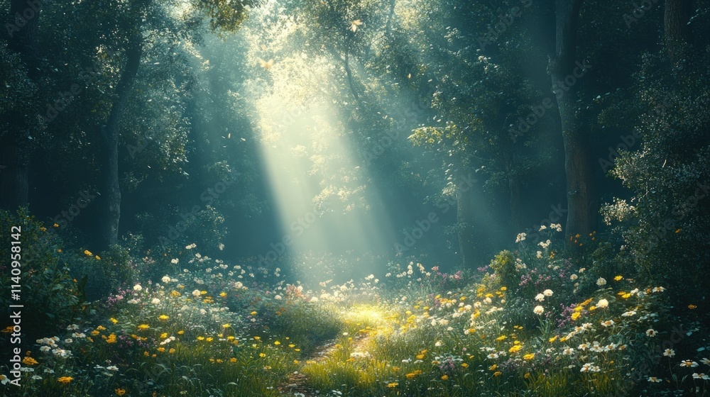 Fototapeta premium Sunlit path through mystical forest, wildflowers.