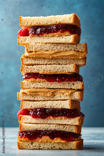 A stack of peanut butter and jelly sandwiches stacked on top of each other