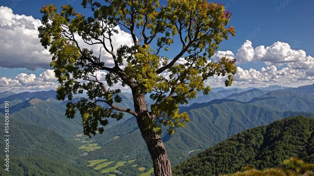 Breathtaking view of a solitary tree against a backdrop of mountains and clouds in daylight Breathtaking view of a solitary tree against a backdrop of mountains and clouds in daylight