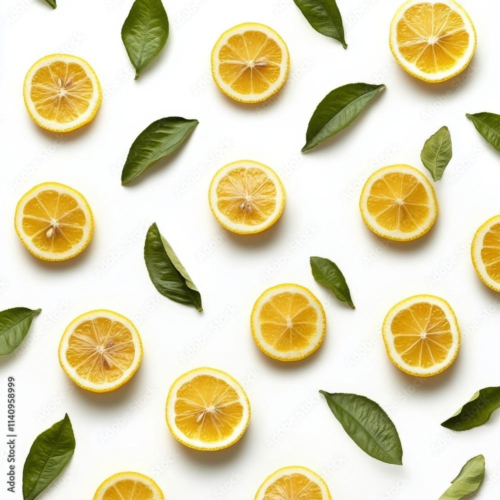 Fresh lemon slices and green leaves arranged in a creative flat lay design Fresh lemon slices and green leaves arranged in a creative flat lay design